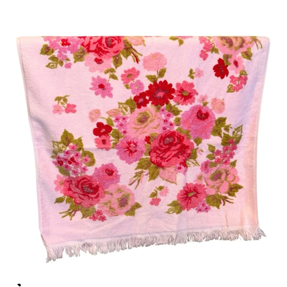 Vintage Cannon Monticello Pink Roses Fringed Bath Towel USA
